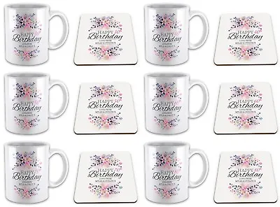 Set Of Personalised Floral Happy Birthday Novelty Gift Mug & Coaster • £10.99