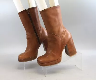 Vtg Candie's Brown Leather Platform Chunky Heel Boots Womens Sz 6m • $199.99