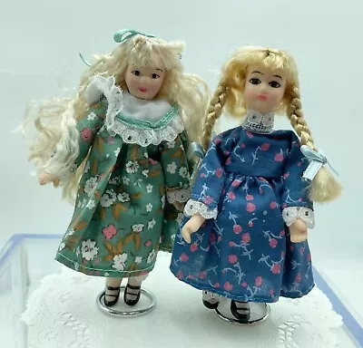 Two Little Girl Porcelain Dolls Long Blond Hair 1:12 Dollhouse • $14.99