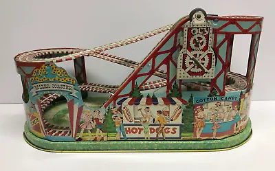 Vintage J CHEIN Tin Litho Toy Wind Up Roller Coaster With Key ** Works Great! • $145