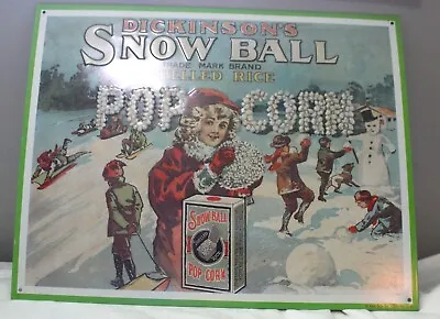 Vintage 1991 Aaa Sign Co Dickinson's Snow Ball Popcorn Shelled Rice Tin Ad Sign • $24.95
