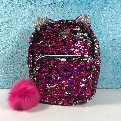 Justice Reverse Sequin Pink Silver Cat Ear Velvet Back Mini Backpack Purse Bag • $24.99