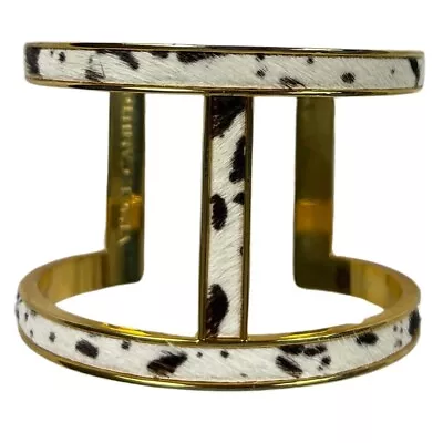 Vince Camuto Pre-Owned T-Shaped Faux Fur Cow Print Gold Bangle Bar Cuff Bracelet • $14.99