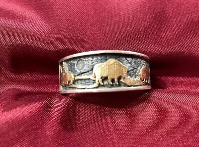 VINTAGE LG HEAVY MENS STERLING 14K NAVAJO STORYTELLER RING WITH BUFFALO Sz 11 • $115