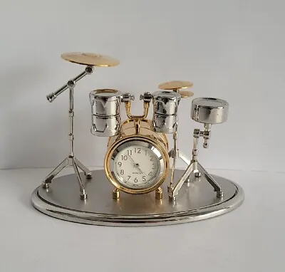 Miniature Novelty Drum Kit Silver & Goldtone Finish Collectors Clock New Battery • £19.99