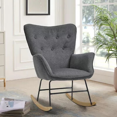 Button Wing Back Rocking Chair Armchair Linen Fabric Rocker Lounge Accent Chair • £105.95