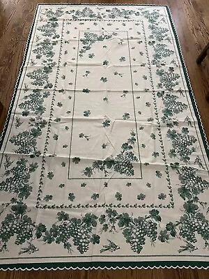 Vintage 100% Cotton Italian Made Scalloped Green Grapes Tablecloth 55” By 92” • $40