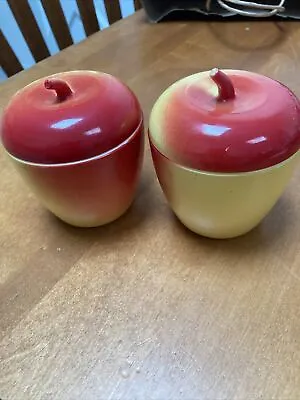 2 Vintage Hazel Atlas Milk Glass Apple Jelly/Jam/Sugar Jars Golden & Red • $13