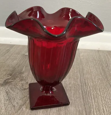 Vintage Tulip Shaped Ruffled Top  Square Bottom Paneled Ruby Red Glass Vase 6” • $11.24