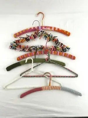 Lot Of 7 Vintage Hand Crochet Wire Hangers Multi Color Yarn Covered Knit Fringe • $13