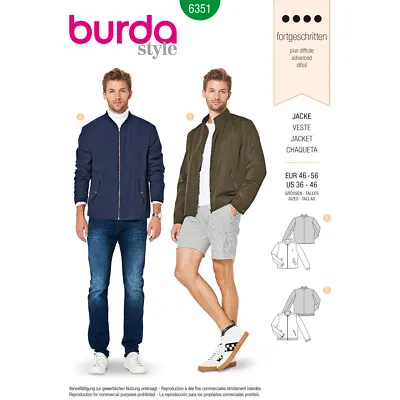 BURDA 6351 MEN'S JACKET Sewing Pattern Sizes 36 - 46 Skill: ADVANCED • £11.59