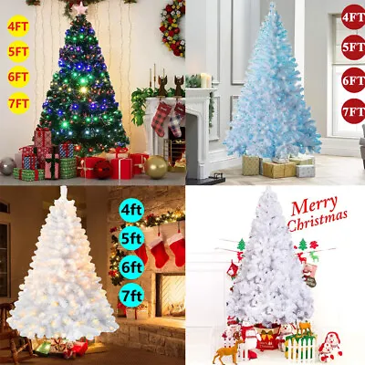 £15.99 • Buy 4/5/6/7FT Green White Christmas Tree With LED Lights Artificial Bushy Pre Lit