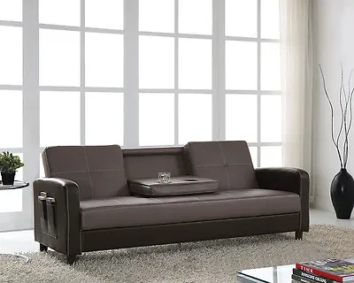 Sofa Bed Faux Leather With Cup Holder And Armrests 3 Seater Black Brown Grey New • £269.99