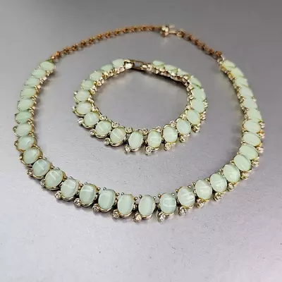 BSK Vintage Necklace Bracelet Set Mint Green Lucite Beads Gold Tone 16  • $39