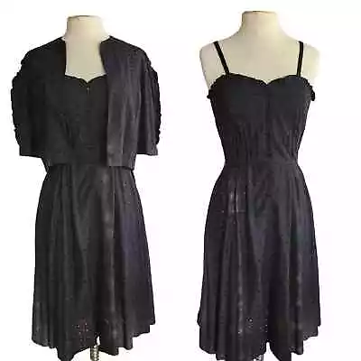 Vintage 70s Black Eyelet Lace Dress + Jacket Set • $75