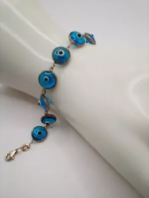 Vintage Sterling Silver Blue Glass Evil Eye Bracelet • $18.99