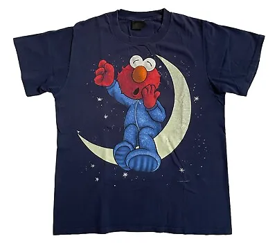 Vintage 90s Elmo Large Blue Sesame Street Cartoon Glow In The Dark Moon Shirt • $55.99