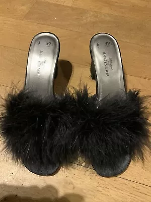 BLACK SEXY FLUFFY FEATHER MARABOU  MULES SATIN SLIPPERS HEELS 6 6.5 Glamour M&S • £24.99