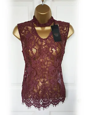 ONLY Maroon Red Sheer Lace Top With Choker Size 10 - BNWT • £7.99