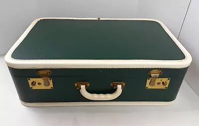 Vintage Hard Shell Suitcase Luggage Dark Green White Trim 21x13.5x6.5 Retro 324 • $29.99