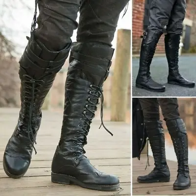 Vintage Medieval Men's Shoes Winter Boot Knee HighBoots Cross Strap Lace Up Boot • $57.04