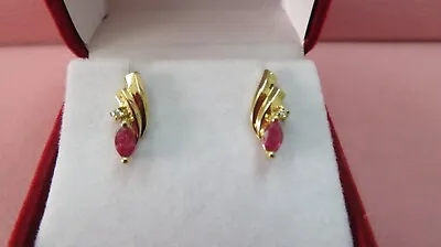 Vtg 14K Solid Yellow Gold Ruby Diamond Stud Earrings 1.91 Grams • $189