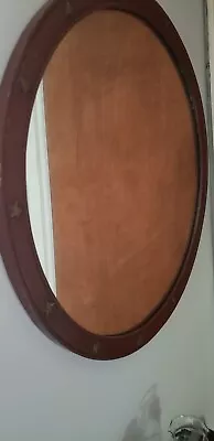 Antique Old Dark Red Paint Faded Gold Stars Solid Wood Country Mirror 27  Round • $175