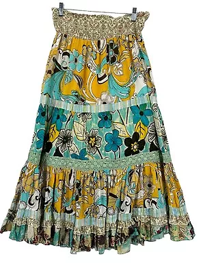 BILA Smocked Waist Maxi Skirt Size Small  Yellow Floral Gauzy Tiered • $16.99