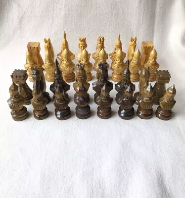 Set Of Finely Hand Carved Wood Chess Pieces Vintage 32pcs • $45