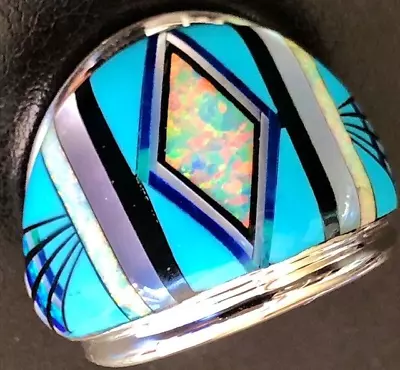 Hot White BIG Sunset Glowing Fire Opal Turquoise Men's Ring 9 Sterling FLAW • $175