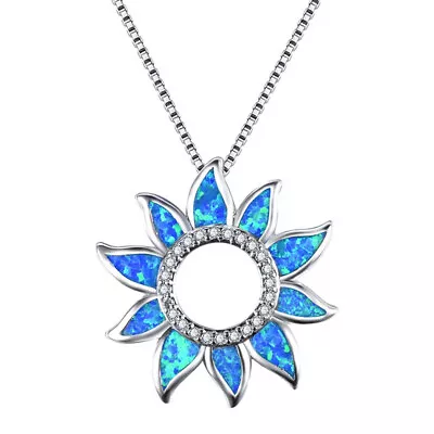 Fashion Lady Jewelry Silver Blue Sunflower Simulated Opal Pendant Necklace Gift • $0.34