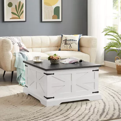 Farmhouse Coffee Table Square Wood Table With Large Hidden Storage Compartment • $189.90