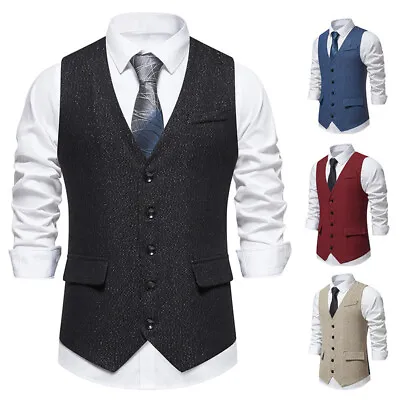 Mens Herringbone Vest Single Breasted Formal Wedding Suit Waistcoat Vest • £13.93