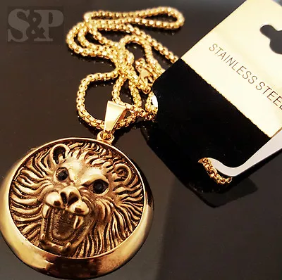 Gold Tone Stainless Steel Lion Head Pendant & 24  Round Box Chain Bling Necklace • $15.99