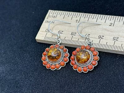 Sterling Silver Amber & Coral Gemstone Earrings- Vintage Estate Find • $8.50