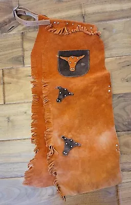 Youth Chaps Longhorn Western Cowboy Kids Suede Orange Fringe Costume Rodeo • $50