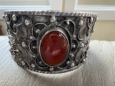 Vintage Silver & Brown Stone Wide Cuff Bracelet • $30