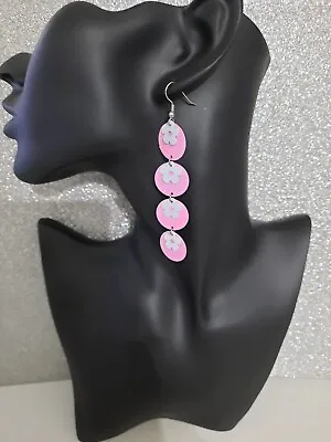 LARGE RETRO PINK & WHITE  DANGLE EARRINGS FUNKY DISCO 60s 70s 80s 90s PARTY RAVE • £3.99
