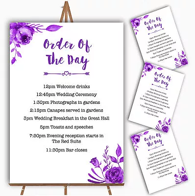 Cadbury Purple & White Watercolour Floral Wedding Order Of The Day Cards • £5.56