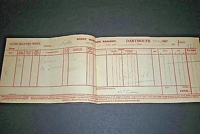 £4 • Buy Gwr. Great Western Railway. 1937 Goods Delivery Sheet. Dartmouth