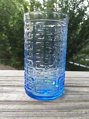 Vintage MCM Blue Textured Glass Greek Key  S  Geometric 8oz Tumbler 13 Available • $9.95