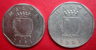 Malta Very Collectable Pair Vintage 1991 & 1992 Good Grade Fifty Five Cent Coins • $1.85