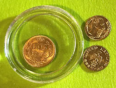 1945-Mo GOLD MEXICAN 2 PESOS UNCIRCULATED COIN + 2 GOLD-PLATED MAXIMILIAN TOKENS • $139