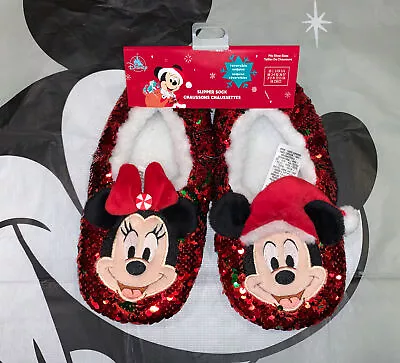 Mickey And Minnie Mouse Reversible Sequins Holiday Slippers For Adults US 5/6 • $14.90