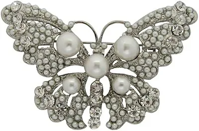 £9.99 • Buy Silver Pearl & Crystal Butterfly Brooch Bridal Brooch Bouquet Wedding Cake Pin