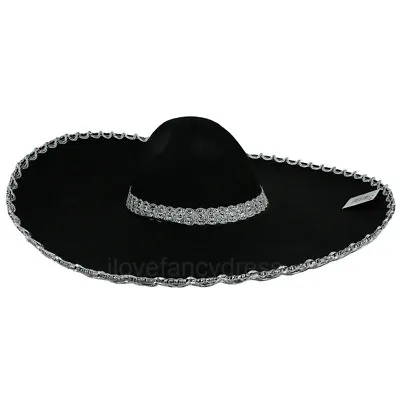 Black Felt Sombrero Hat Xl Mariachi Band Mexican Bandit Fancy Dress Costume • £10.99