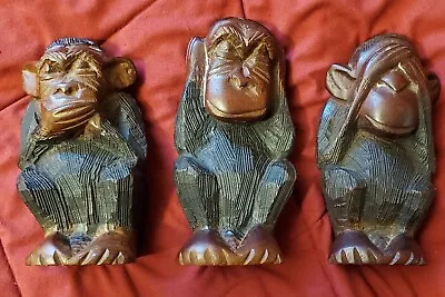 Rare Vintage Large Carved Wooden No Evil Wise Monkey Figures (3)-NICE • $13.50