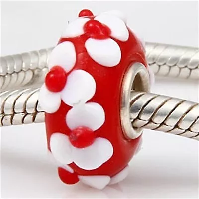 NEW 925 Silver Murano Glass Lampwork Floral Flowers Charm European Bracelet Bead • $9.99