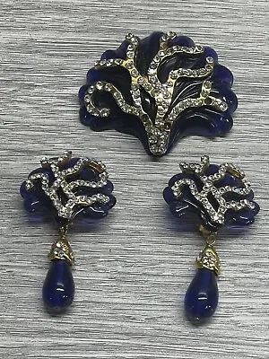 Christian Lacroix Vintage Enamel Brooch & Clip On Earrings Set Shell Shape Blue • $799.99