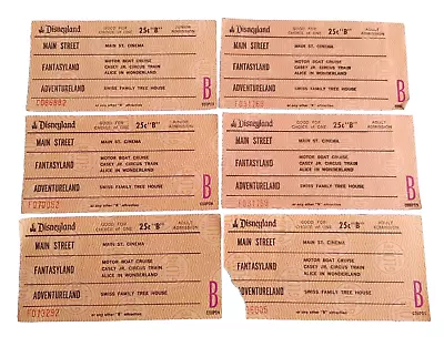 Vintage Disneyland Tickets Lot Of 6  B  Coupons : (2) Junior (4) Adult  #20531 • $9.95